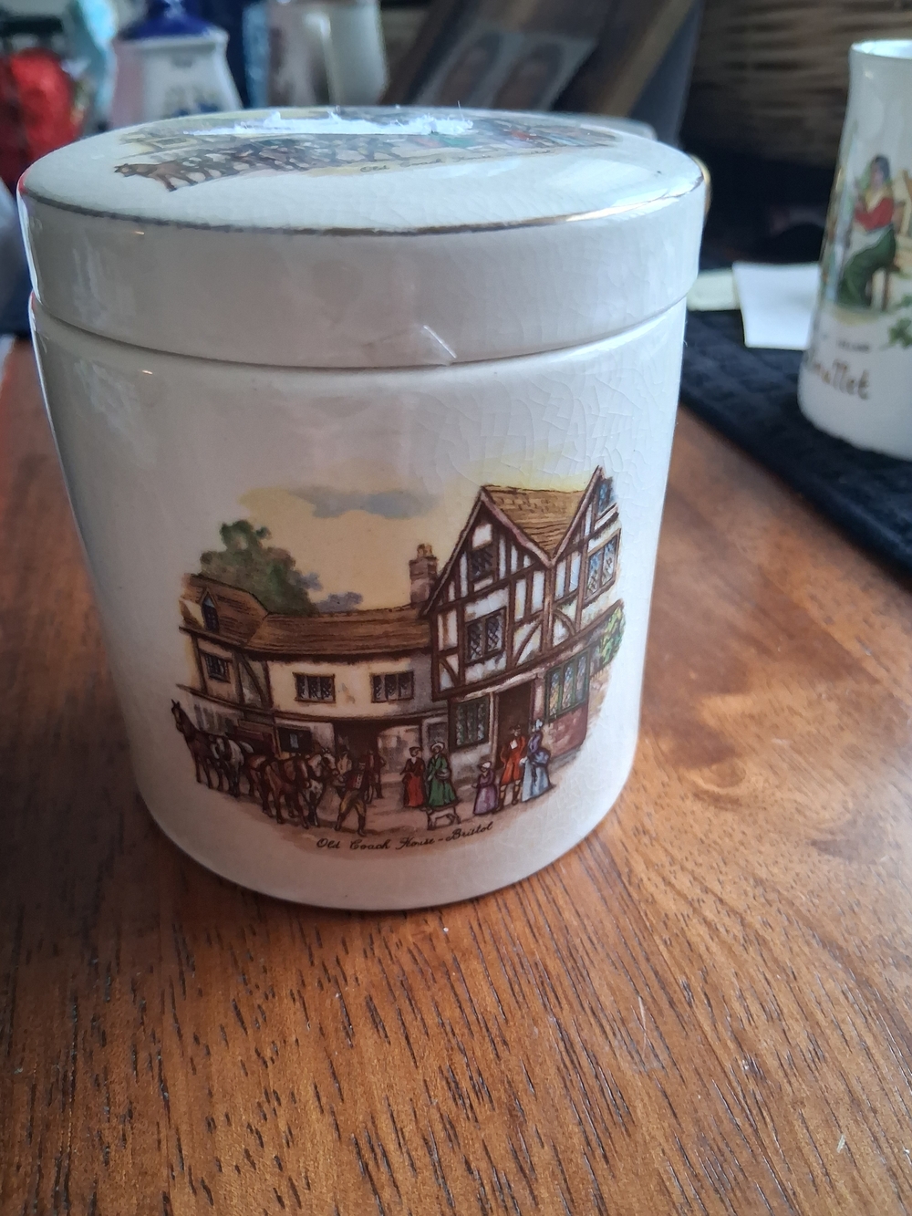 Vintage Ceramic Cookie Jar - Cream with Illustrated Village Scene